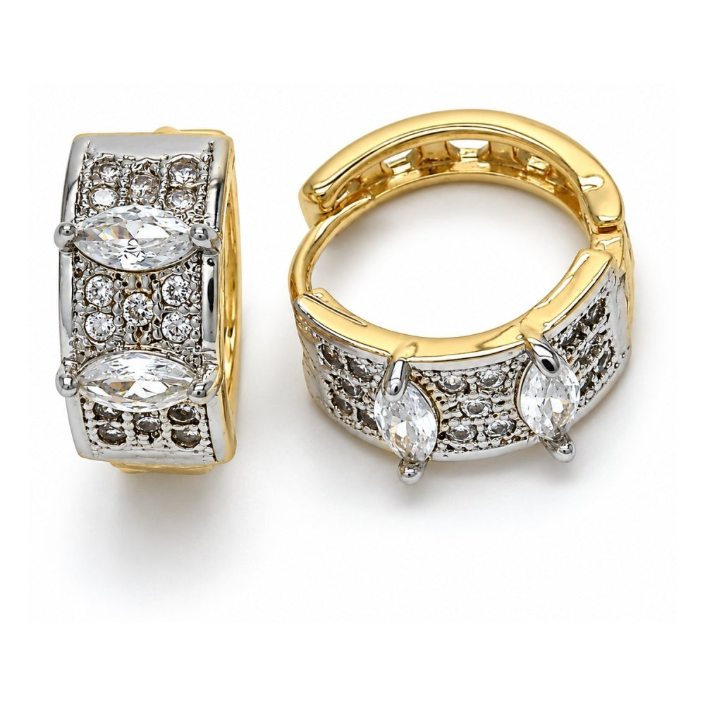 Oro Laminado Huggie Hoop, Gold Filled Style with White Cubic Zirconia, Polished, Two Tone