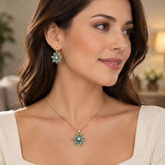 Oro Laminado Earring and Pendant Adult Set, Gold Filled Style Flower Design, with Turquoise and White Crystal, Polished, Golden Finish