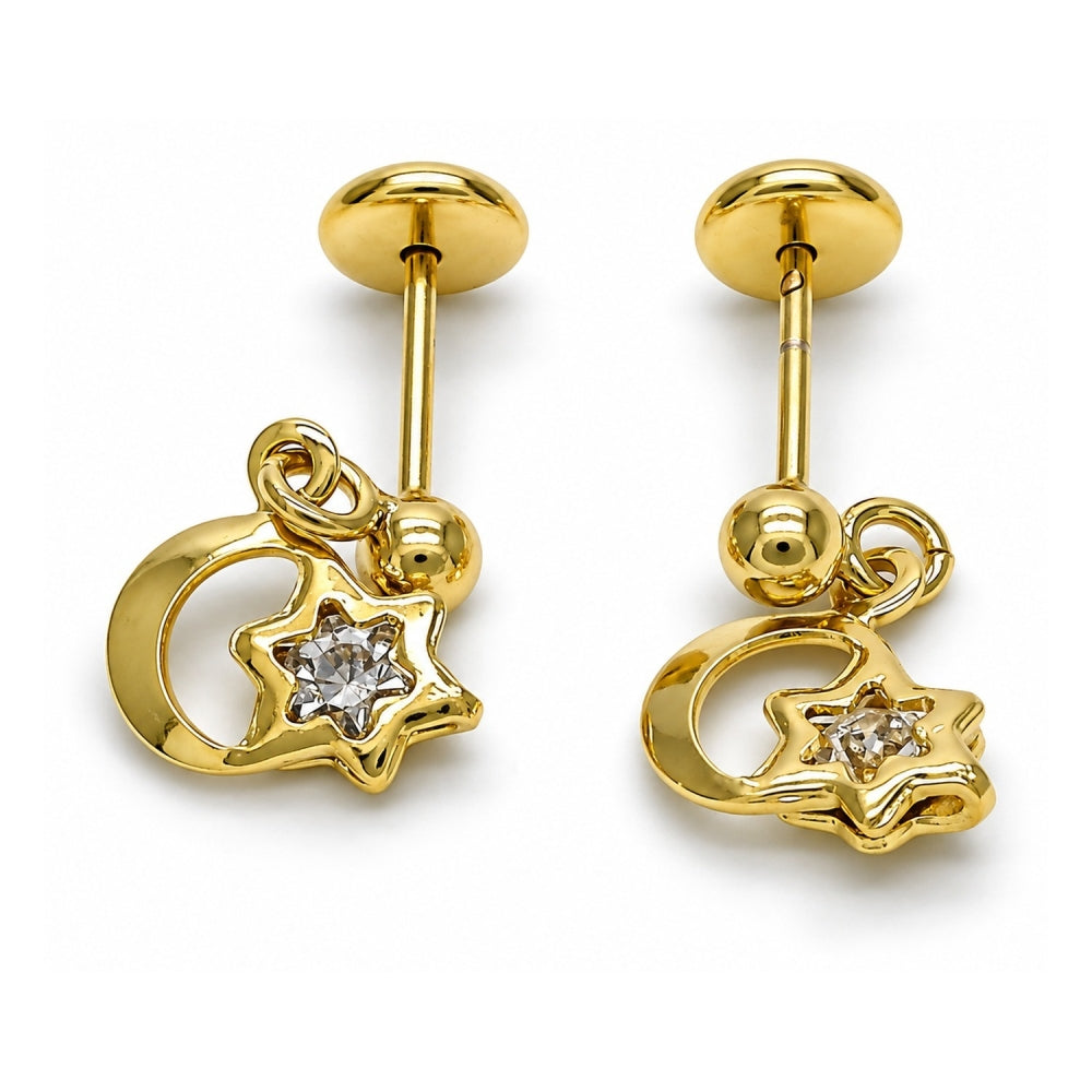 Oro Laminado Stud Earring, Gold Filled Style Moon and Star Design, with White Cubic Zirconia, Polished, Golden Finish