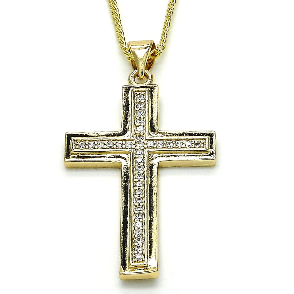Oro Laminado Pendant Necklace, Gold Filled Style Cross Design, with White Micro Pave, Polished, Golden Finish