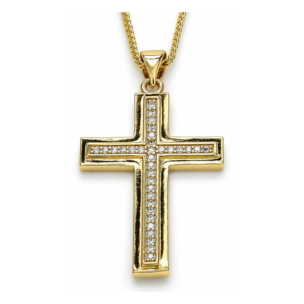 Oro Laminado Pendant Necklace, Gold Filled Style Cross Design, with White Micro Pave, Polished, Golden Finish