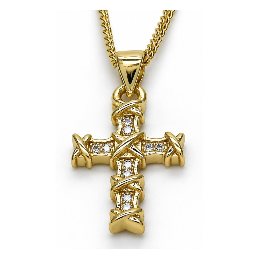 Oro Laminado Pendant Necklace, Gold Filled Style Cross Design, with White Micro Pave, Polished, Golden Finish