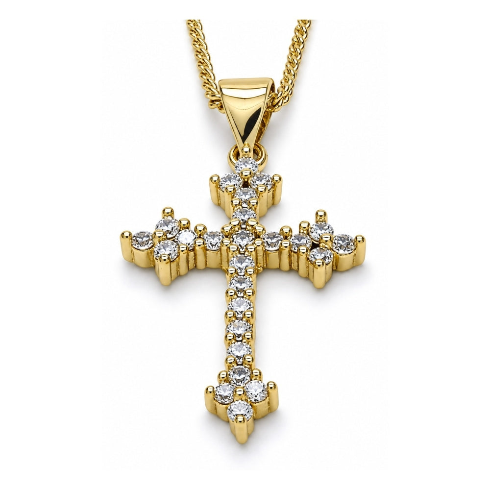 Oro Laminado Pendant Necklace, Gold Filled Style Cross Design, with White Cubic Zirconia, Polished, Golden Finish