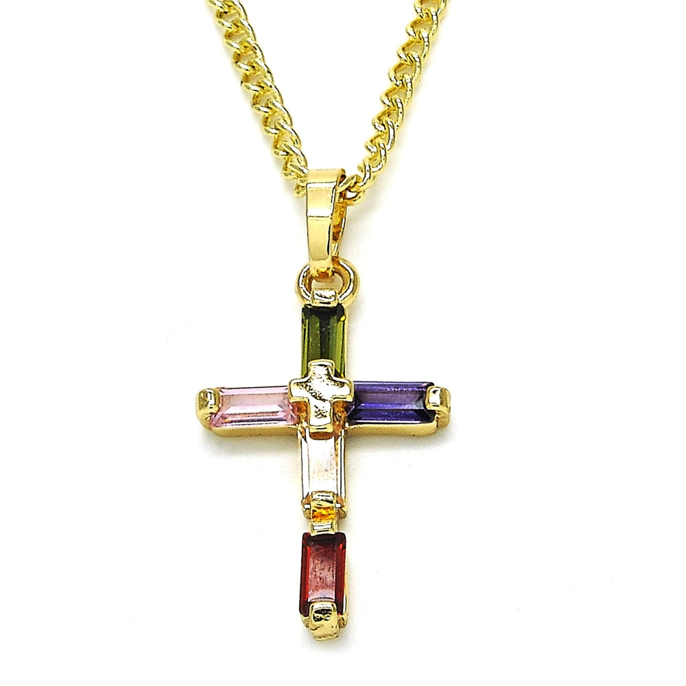 Oro Laminado Pendant Necklace, Gold Filled Style Cross and Baguette Design, with Multicolor Cubic Zirconia, Polished, Golden Finish