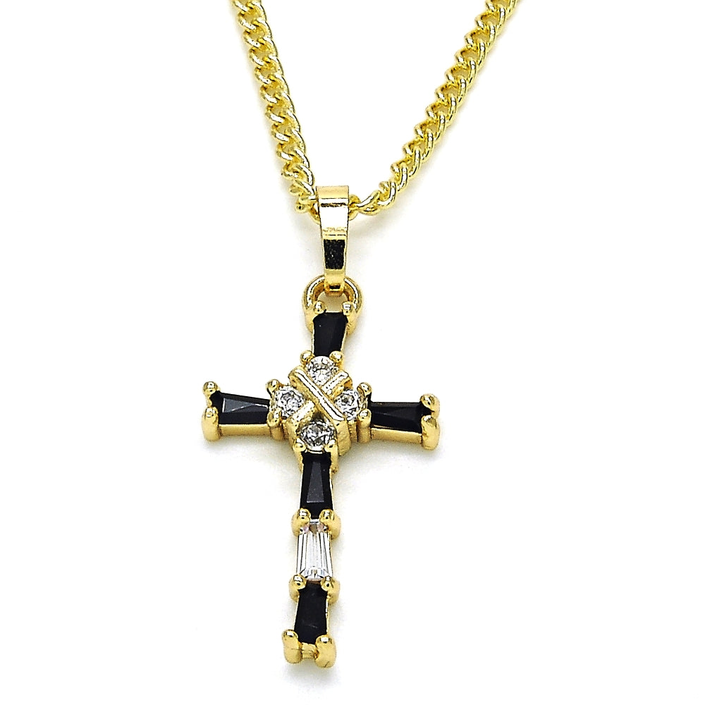 Oro Laminado Pendant Necklace, Gold Filled Style Cross and Baguette Design, with Black and White Cubic Zirconia, Polished, Golden Finish