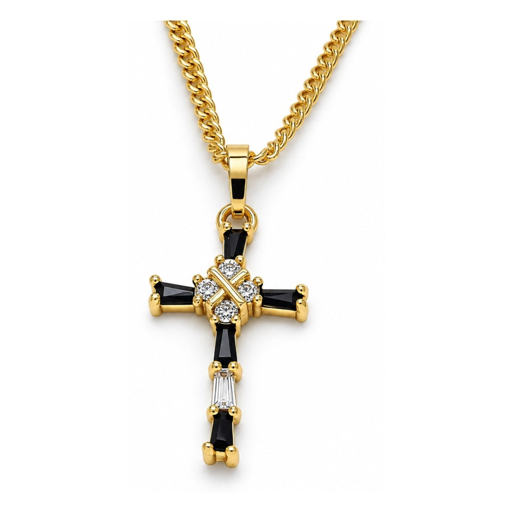 Oro Laminado Pendant Necklace, Gold Filled Style Cross and Baguette Design, with Black and White Cubic Zirconia, Polished, Golden Finish