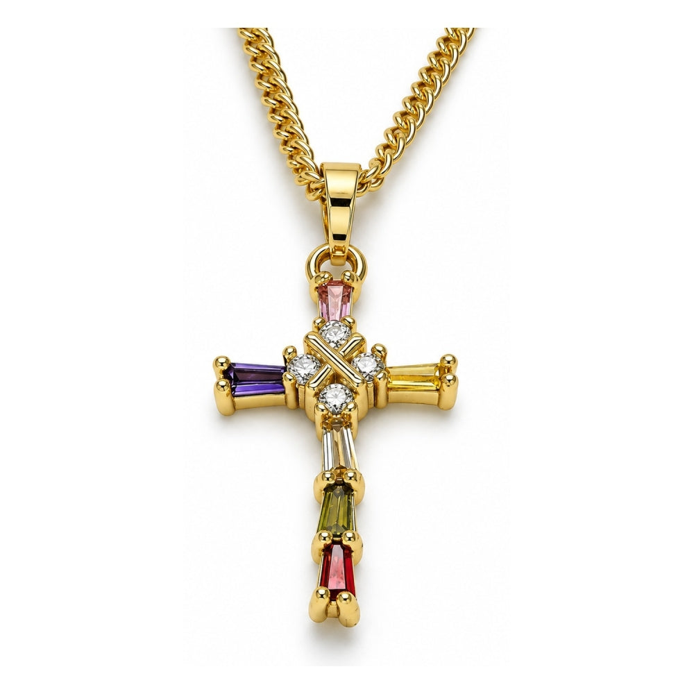 Oro Laminado Pendant Necklace, Gold Filled Style Cross and Baguette Design, with Multicolor Cubic Zirconia, Polished, Golden Finish