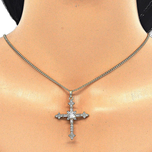 Oro Laminado Pendant Necklace, Gold Filled Style Cross and Baguette Design, with White Cubic Zirconia, Polished, Golden Finish