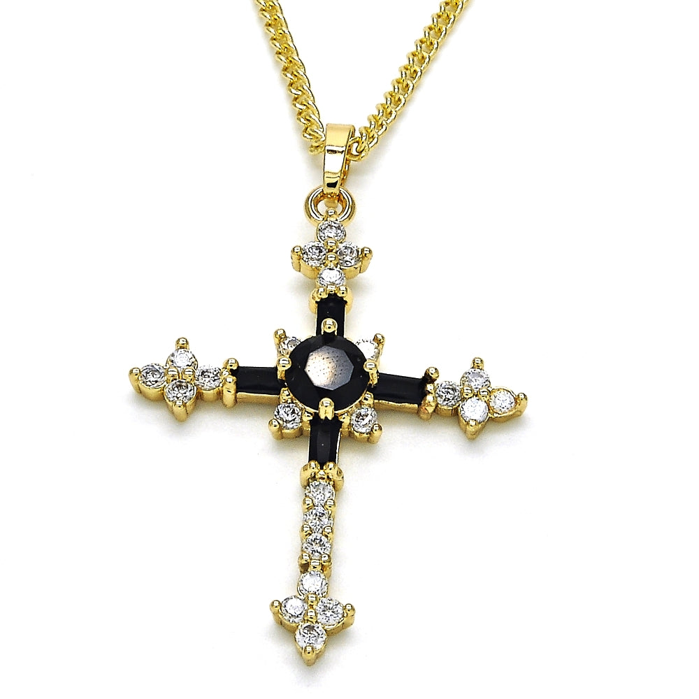 Oro Laminado Pendant Necklace, Gold Filled Style Cross and Baguette Design, with Black and White Cubic Zirconia, Polished, Golden Finish