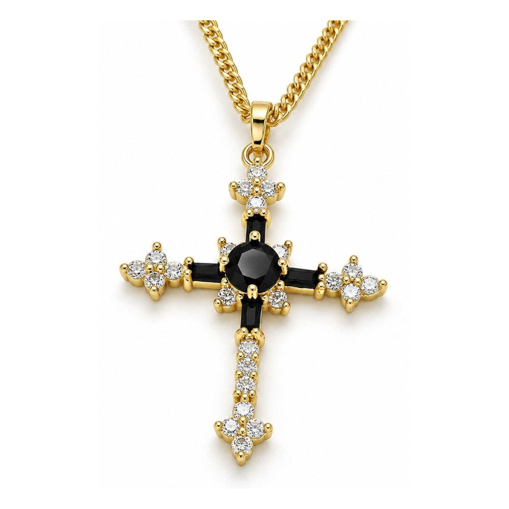 Oro Laminado Pendant Necklace, Gold Filled Style Cross and Baguette Design, with Black and White Cubic Zirconia, Polished, Golden Finish