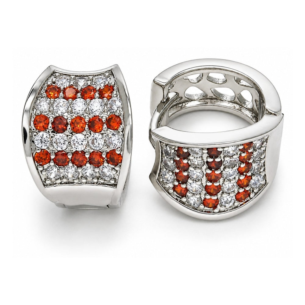 White Gold Filled Huggie Hoop, with Garnet and White Cubic Zirconia, Polished, Rhodium Finish
