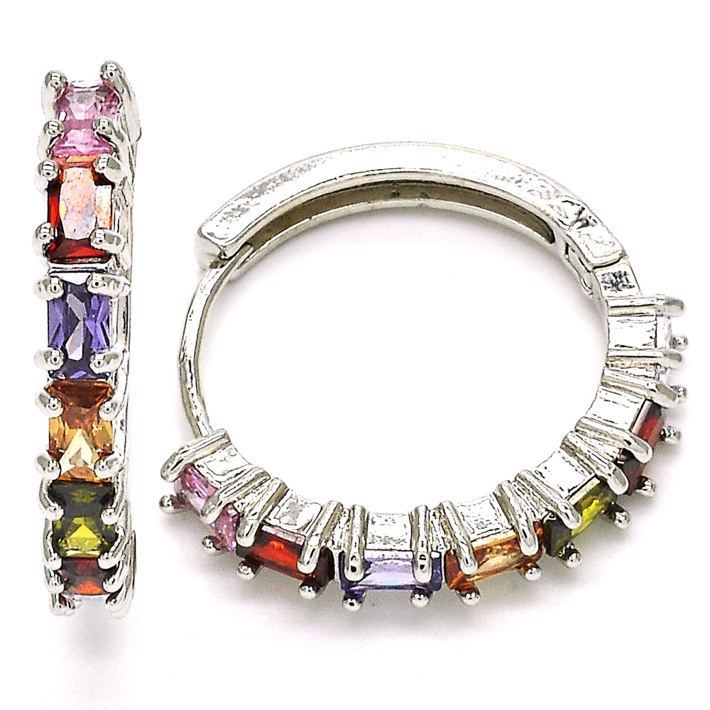 Rhodium Gold Filled Huggie Hoop, with Multicolor Cubic Zirconia, Polished, Rhodium Finish