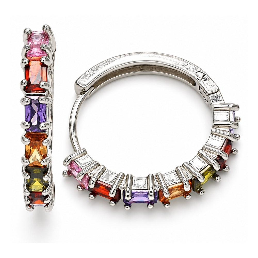 White Gold Filled Huggie Hoop, with Multicolor Cubic Zirconia, Polished, Rhodium Finish