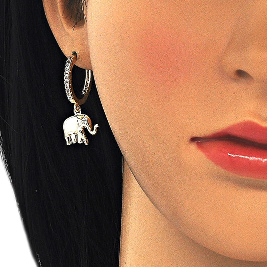 Oro Laminado Huggie Hoop, Gold Filled Style Elephant Design, with White Cubic Zirconia, Polished, Golden Finish