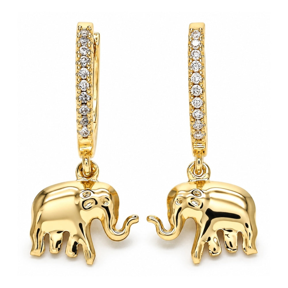 Oro Laminado Huggie Hoop, Gold Filled Style Elephant Design, with White Cubic Zirconia, Polished, Golden Finish