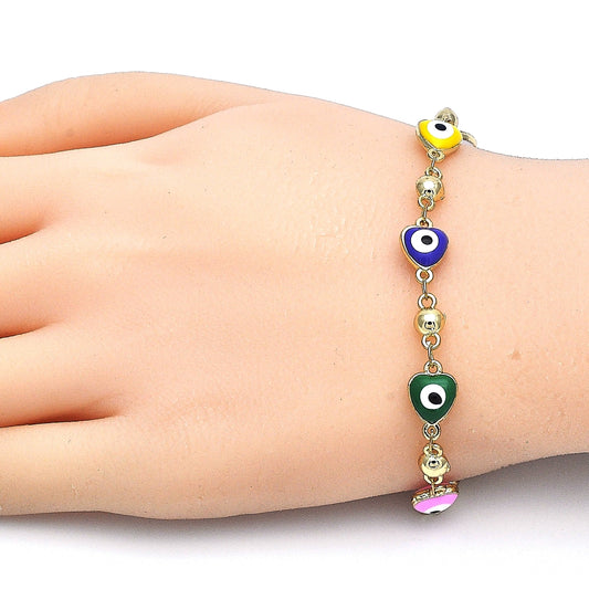 Oro Laminado Fancy Bracelet, Gold Filled Style Evil Eye and Heart Design, Multicolor Enamel Finish, Golden Finish
