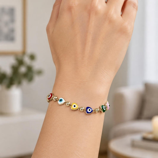 Oro Laminado Fancy Bracelet, Gold Filled Style Evil Eye and Heart Design, Multicolor Enamel Finish, Golden Finish