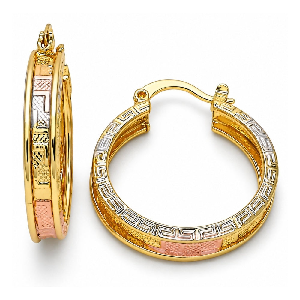 Oro Laminado Medium Hoop, Gold Filled Style Greek Key Design, Polished, Tricolor