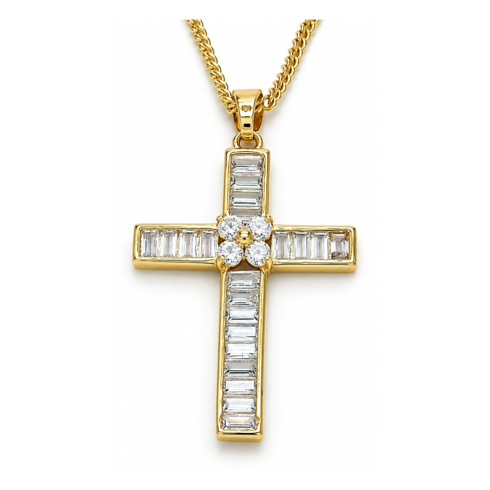 Oro Laminado Pendant Necklace, Gold Filled Style Cross and Baguette Design, with White Cubic Zirconia, Polished, Golden Finish