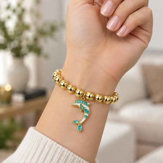 Oro Laminado Adjustable Bolo Bracelet, Gold Filled Style Dolphin and Ball Design, with White Crystal, Turquoise Enamel Finish, Golden Finish