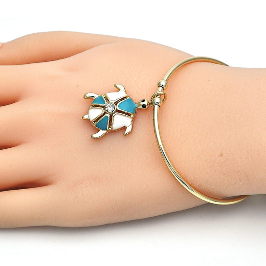Oro Laminado Individual Bangle, Gold Filled Style Turtle Design, with White Crystal, Turquoise Enamel Finish, Golden Finish