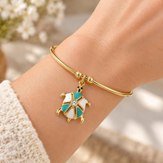 Oro Laminado Individual Bangle, Gold Filled Style Turtle Design, with White Crystal, Turquoise Enamel Finish, Golden Finish
