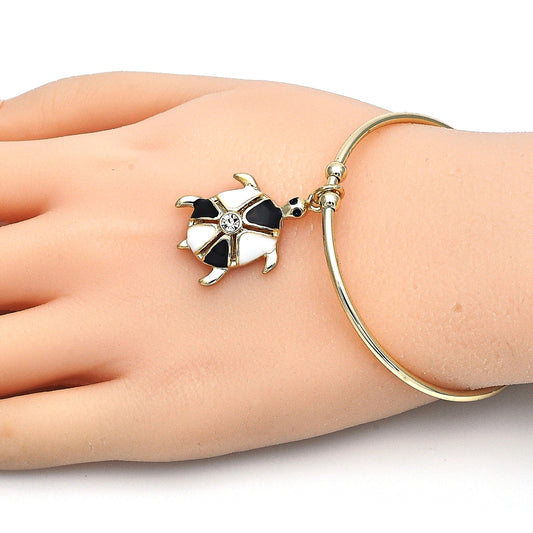 Oro Laminado Individual Bangle, Gold Filled Style Turtle Design, with White Crystal, Black Enamel Finish, Golden Finish
