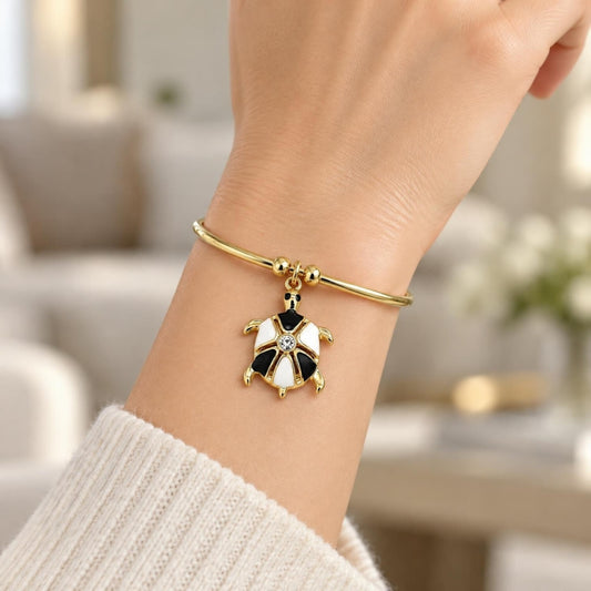 Oro Laminado Individual Bangle, Gold Filled Style Turtle Design, with White Crystal, Black Enamel Finish, Golden Finish
