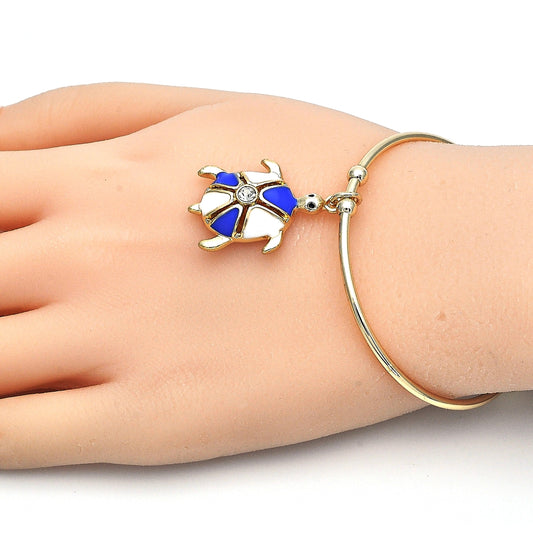 Oro Laminado Individual Bangle, Gold Filled Style Turtle Design, with White Crystal, Blue Enamel Finish, Golden Finish