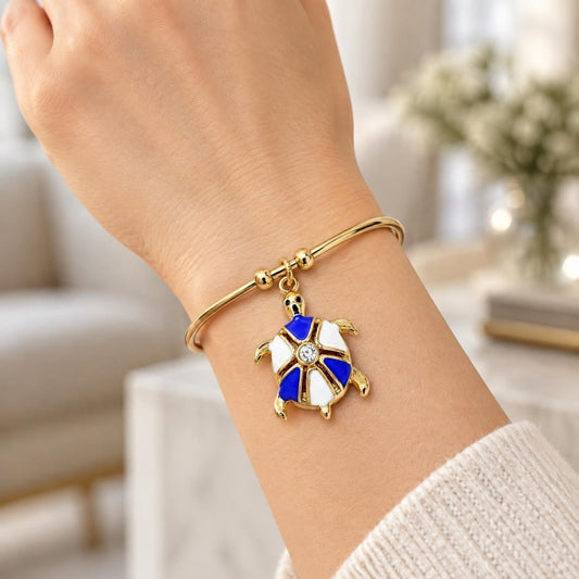 Oro Laminado Individual Bangle, Gold Filled Style Turtle Design, with White Crystal, Blue Enamel Finish, Golden Finish
