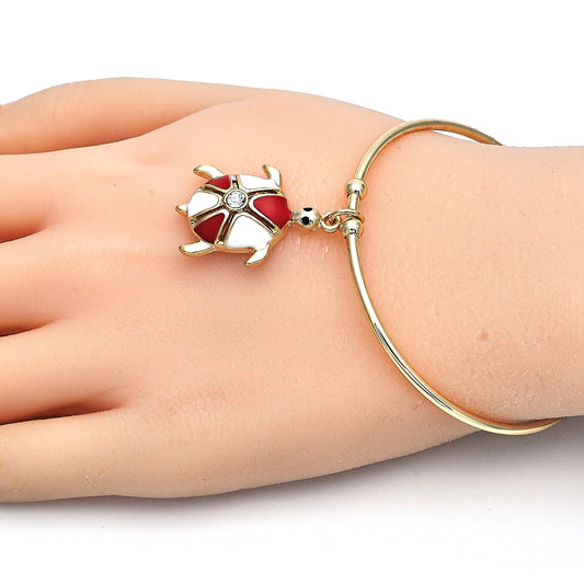 Oro Laminado Individual Bangle, Gold Filled Style Turtle Design, with White Crystal, Red Enamel Finish, Golden Finish