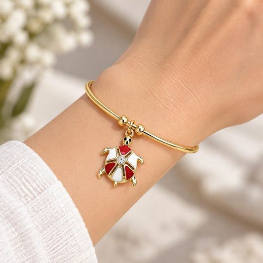 Oro Laminado Individual Bangle, Gold Filled Style Turtle Design, with White Crystal, Red Enamel Finish, Golden Finish