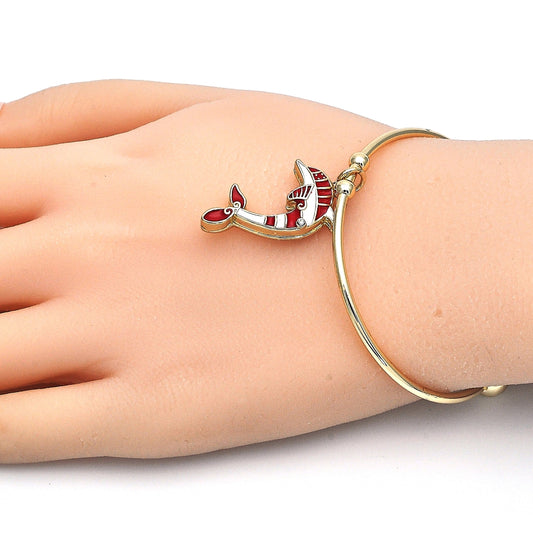 Oro Laminado Individual Bangle, Gold Filled Style Dolphin Design, with White Crystal, Red Enamel Finish, Golden Finish