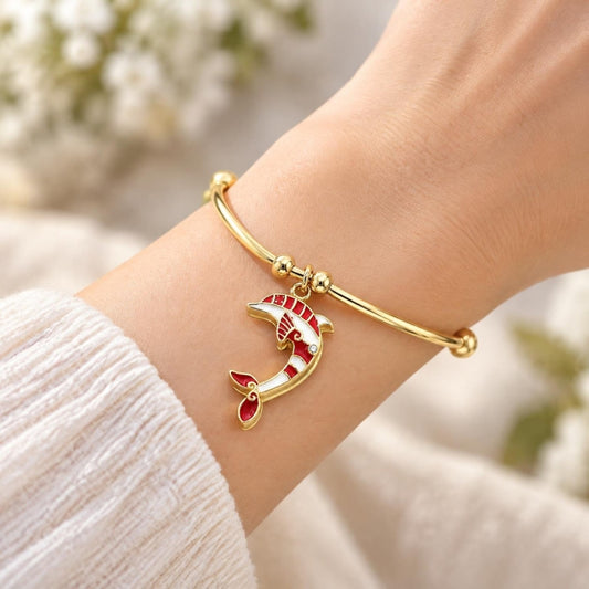 Oro Laminado Individual Bangle, Gold Filled Style Dolphin Design, with White Crystal, Red Enamel Finish, Golden Finish