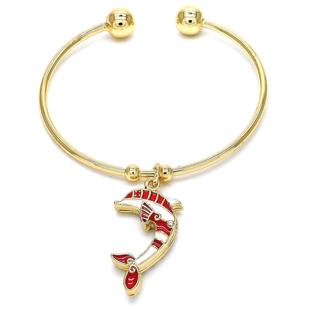 Oro Laminado Individual Bangle, Gold Filled Style Dolphin Design, with White Crystal, Red Enamel Finish, Golden Finish