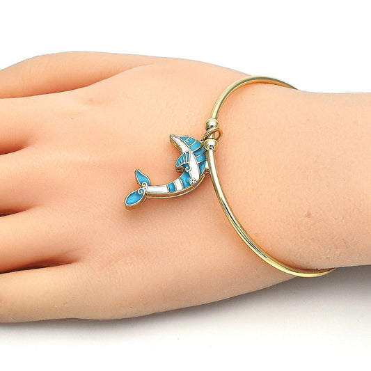 Oro Laminado Individual Bangle, Gold Filled Style Dolphin Design, with White Crystal, Turquoise Enamel Finish, Golden Finish