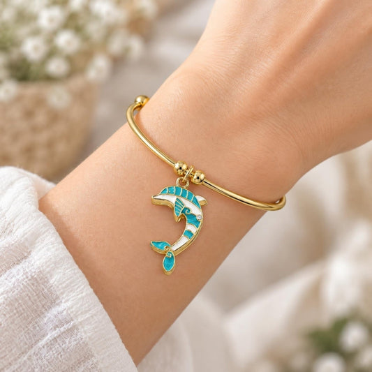 Oro Laminado Individual Bangle, Gold Filled Style Dolphin Design, with White Crystal, Turquoise Enamel Finish, Golden Finish