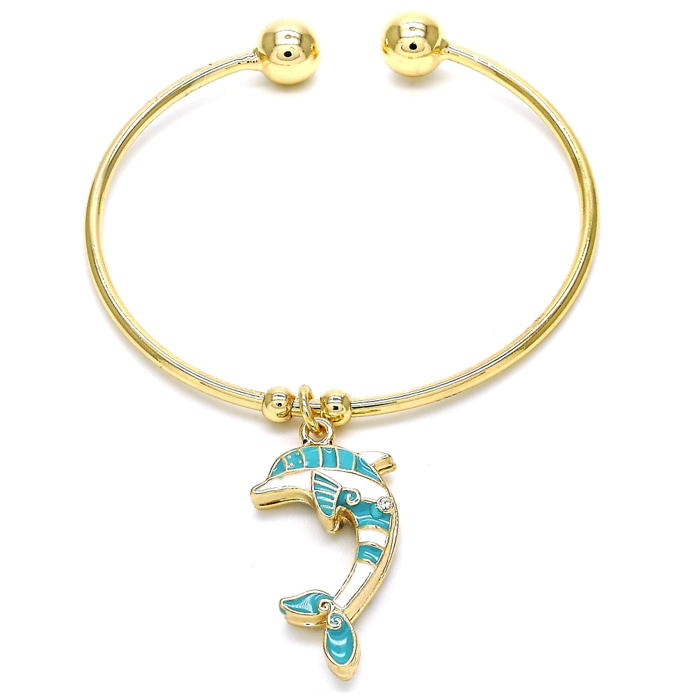 Oro Laminado Individual Bangle, Gold Filled Style Dolphin Design, with White Crystal, Turquoise Enamel Finish, Golden Finish