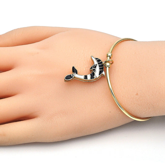 Oro Laminado Individual Bangle, Gold Filled Style Dolphin Design, with White Crystal, Black Enamel Finish, Golden Finish
