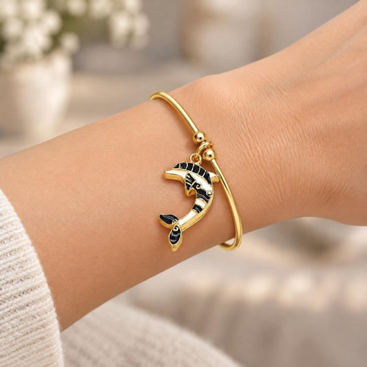 Oro Laminado Individual Bangle, Gold Filled Style Dolphin Design, with White Crystal, Black Enamel Finish, Golden Finish