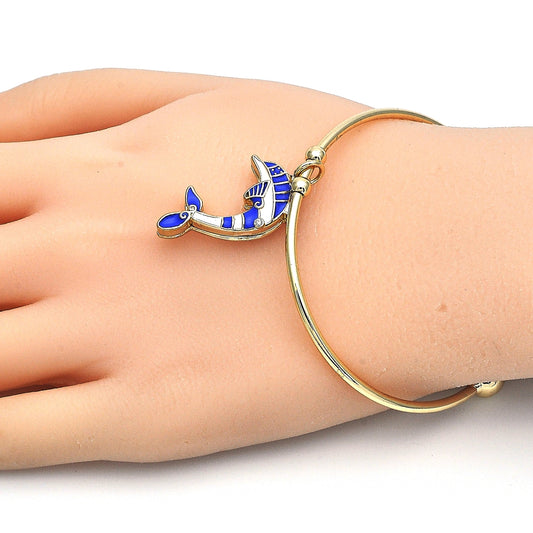 Oro Laminado Individual Bangle, Gold Filled Style Dolphin Design, with White Crystal, Blue Enamel Finish, Golden Finish