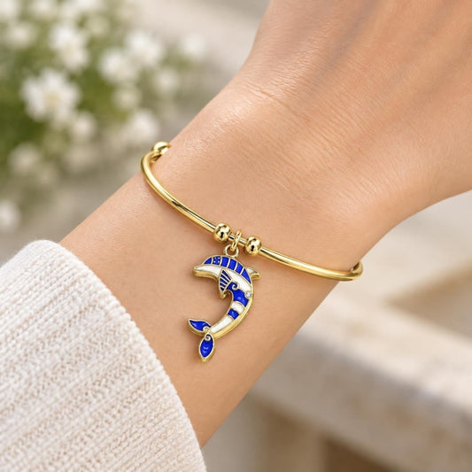 Oro Laminado Individual Bangle, Gold Filled Style Dolphin Design, with White Crystal, Blue Enamel Finish, Golden Finish