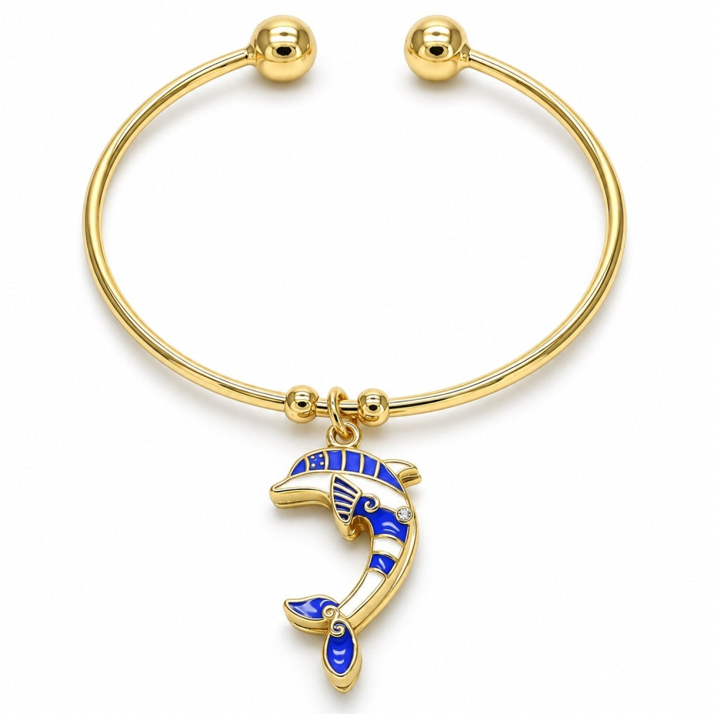 Oro Laminado Individual Bangle, Gold Filled Style Dolphin Design, with White Crystal, Blue Enamel Finish, Golden Finish