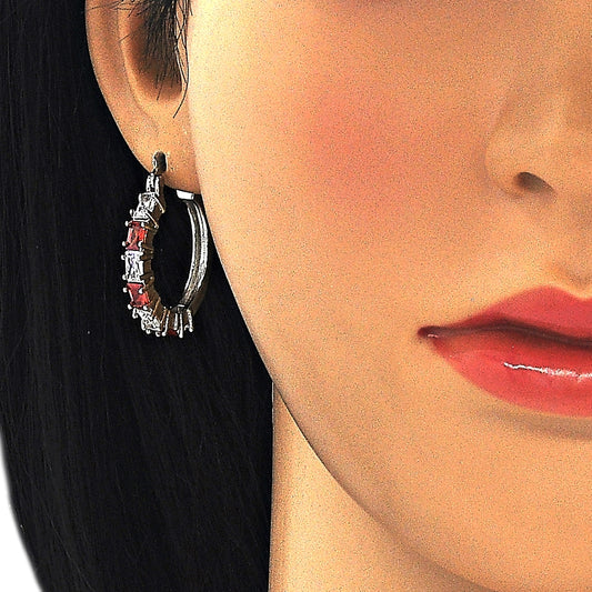 Rhodium Gold Filled Small Hoop, with Garnet and White Cubic Zirconia, Polished, Rhodium Finish