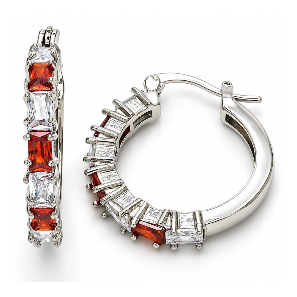 White Gold Filled Small Hoop, with Garnet and White Cubic Zirconia, Polished, Rhodium Finish