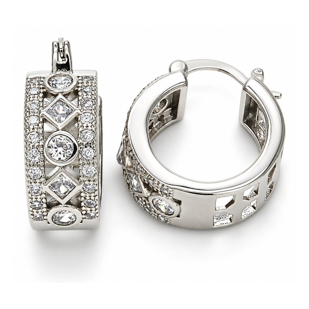 White Gold Filled Small Hoop, with White Cubic Zirconia, Polished, Rhodium Finish