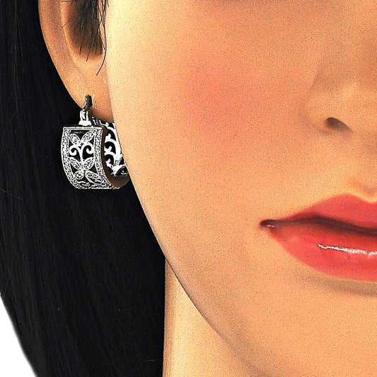 Rhodium Gold Filled Small Hoop, Flower and Leaf Design, with White Cubic Zirconia, Polished, Rhodium Finish