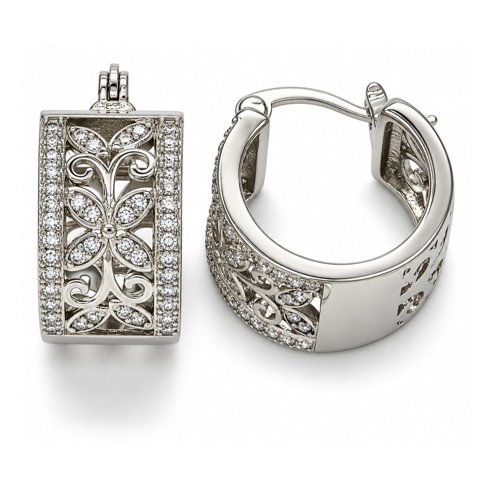 Rhodium Gold Filled Small Hoop, Flower and Leaf Design, with White Cubic Zirconia, Polished, Rhodium Finish