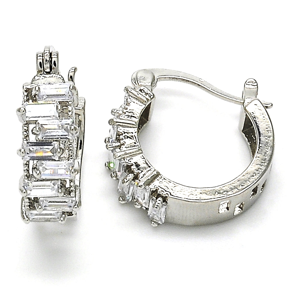 Rhodium Gold Filled Small Hoop, Baguette Design, with White Cubic Zirconia, Polished, Rhodium Finish