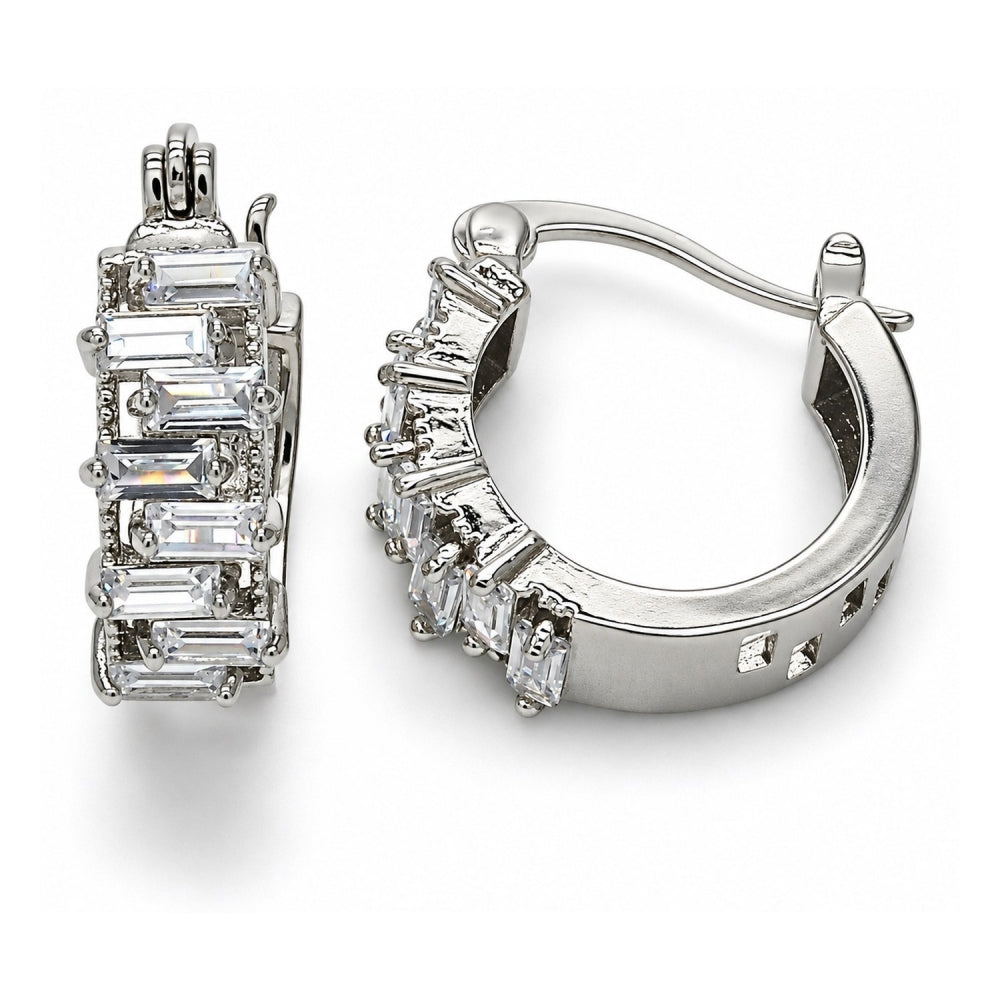 White Gold Filled Small Hoop, Baguette Design, with White Cubic Zirconia, Polished, Rhodium Finish
